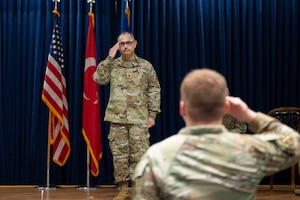 U.S. Air Force Maj. Jimmy Padilla, 39th Comptroller Squadron incoming commander, renders the first salute during a change of command ceremony at Incirlik Air Base, Türkiye, June 18, 2025. The 39th CPTS enables the wing’s mission through first class financial customer service and on-demand decision analytics. (U.S. Air Force photo by Staff Sgt. Cydnie Baker)