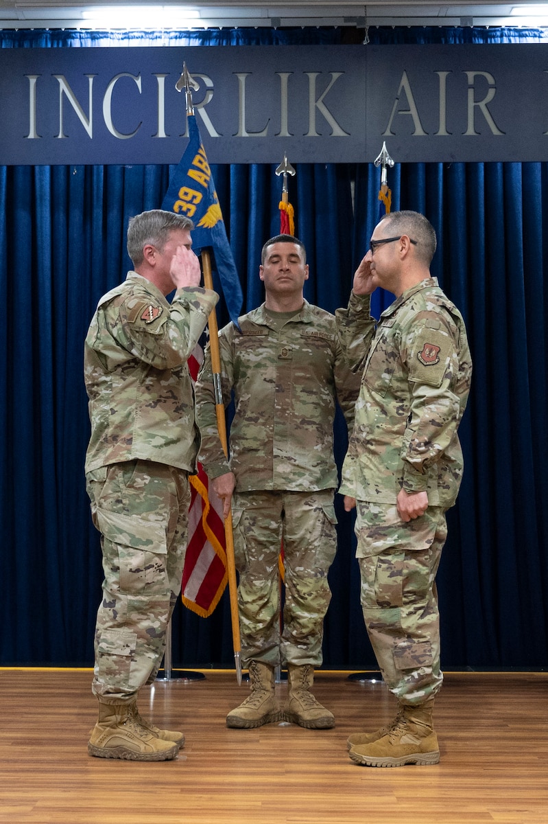 U.S. Air Force Maj. Jimmy Padilla, 39th Comptroller Squadron incoming commander salutes Col. Albert Esposito, 39th Air Base Wing commander during a change of command ceremony at Incirlik Air Base, Türkiye, June 18, 2025. The 39th CPTS enables the wing’s mission through first class financial customer service and on-demand decision analytics. (U.S. Air Force photo by Staff Sgt. Cydnie Baker)