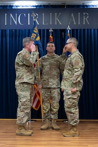 U.S. Air Force Maj. Jimmy Padilla, 39th Comptroller Squadron incoming commander salutes Col. Albert Esposito, 39th Air Base Wing commander during a change of command ceremony at Incirlik Air Base, Türkiye, June 18, 2025. The 39th CPTS enables the wing’s mission through first class financial customer service and on-demand decision analytics. (U.S. Air Force photo by Staff Sgt. Cydnie Baker)