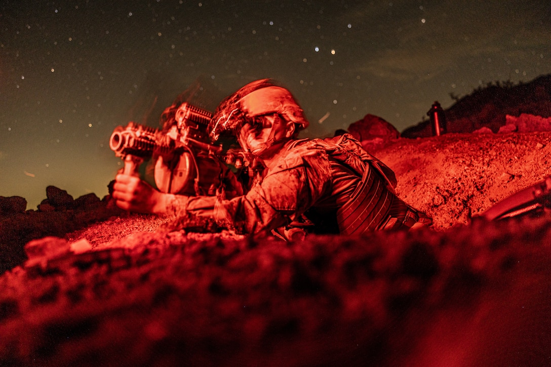 U.S. Marine Corps Lance Cpl. Jordan Graham, an infantryman with 1st Battalion, 23rd Marine Regiment, 4th Marine Division, sights into an M32A1 grenade launcher during Integrated Training Exercise 3-25 (ITX 3-25) at Marine Corps Air Ground Combat Center, Twentynine Palms, California, June 13th, 2025. ITX is a critical Marine Air-Ground Task Force exercise for the Marine Forces Reserve’s training cycle, confirming unit readiness through live-fire and combined arms integration. (U.S. Marine Corps photo by Lance Cpl. Edward Spears)
