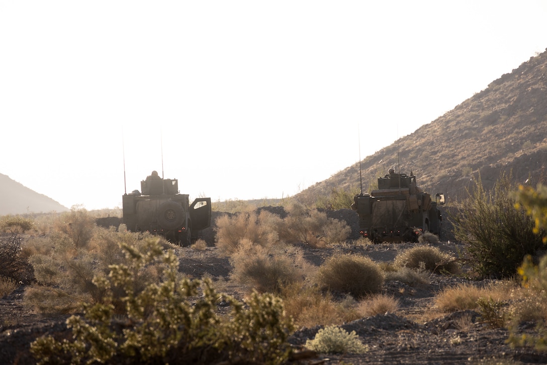 U.S. Marines with 1st Battalion, 23rd Marine Regiment, 4th Marine Division provide security during Integrated Training Exercise 3-25 (ITX 3-25) at Marine Corps Air Ground Combat Center, Twentynine Palms, California, June 14th, 2025. ITX is a critical Marine Air-Ground Task Force exercise for the Marine Forces Reserve’s training cycle, confirming unit readiness through live-fire and combined arms integration. (U.S. Marine Corps photo by Lance Cpl. Edward Spears)
