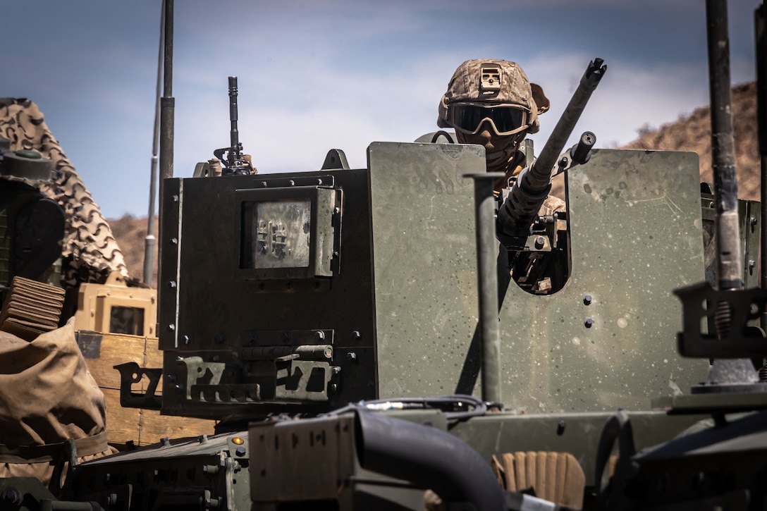 A U.S. Marine with 1st Battalion, 23rd Marine Regiment, 4th Marine Division operates an M240 machine gun at Integrated Training Exercise 3-25 (ITX 3-25) at Marine Corps Air Ground Combat Center, Twentynine Palms, California, June 14th, 2025. ITX is a critical Marine Air-Ground Task Force exercise for the Marine Forces Reserve’s training cycle, confirming unit readiness through live-fire and combined arms integration. (U.S. Marine Corps photo by Lance Cpl. Edward Spears)