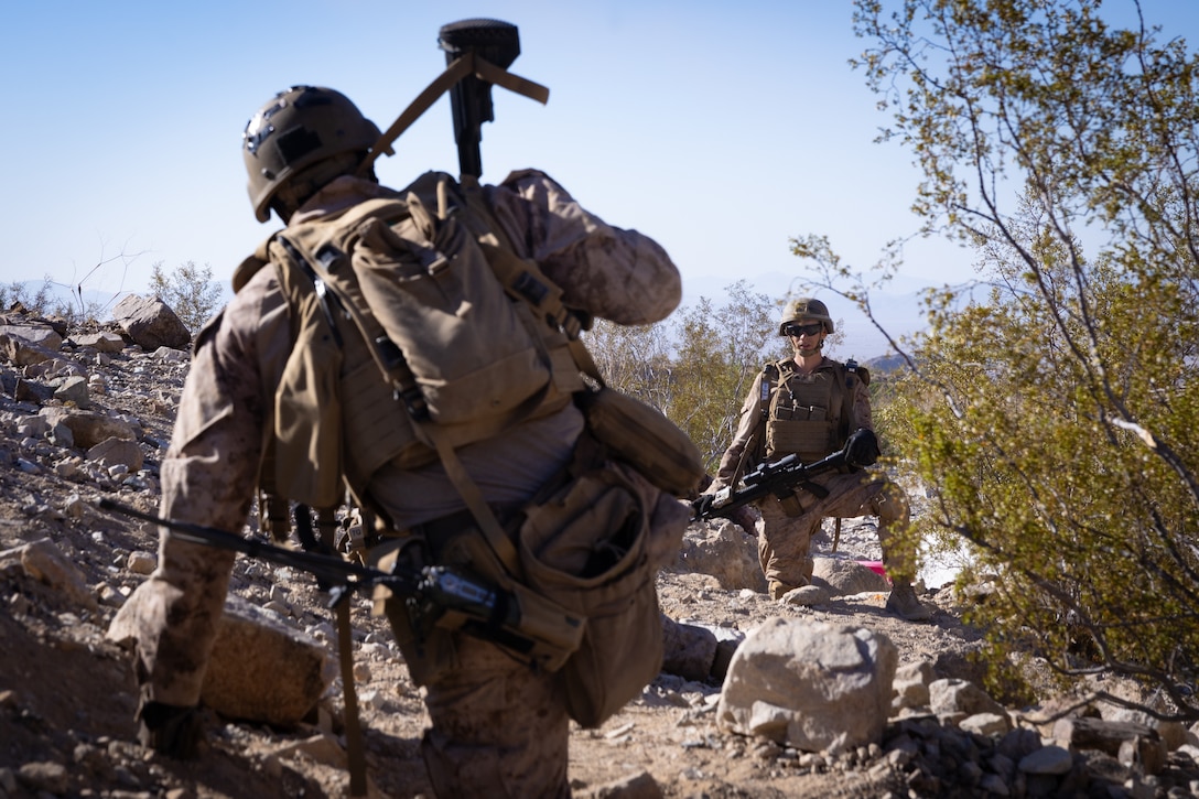 U.S. Marines with 2nd Battalion, 23rd Marine Regiment, 4th Marine Division navigate targets at Range 400 during Integrated Training Exercise 3-25 (ITX 3-25) at Marine Corps Air Ground Combat Center, Twentynine Palms, California, June 15th, 2025. ITX is a critical Marine Air-Ground Task Force exercise for the Marine Forces Reserve’s training cycle, confirming unit readiness through live-fire and combined arms integration. (U.S. Marine Corps photo by Lance Cpl. Edward Spears)