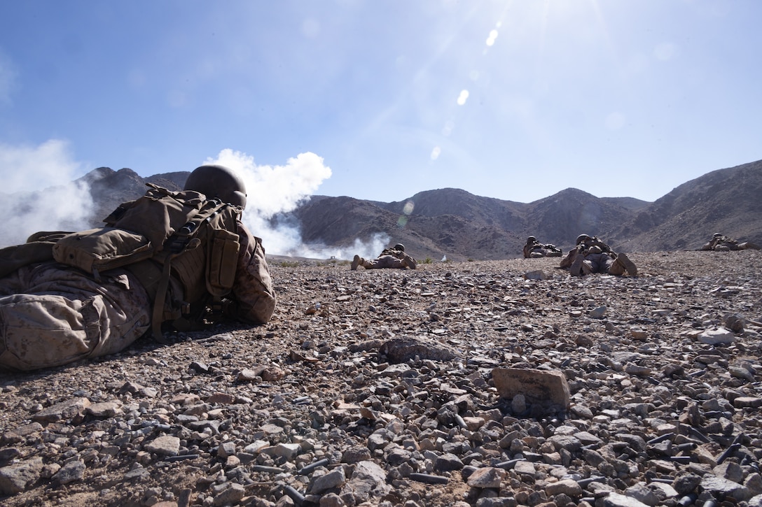 U.S. Marines with 2nd Battalion, 23rd Marine Regiment, 4th Marine Division provide suppressive fire at Range 400 during Integrated Training Exercise 3-25 (ITX 3-25) at Marine Corps Air Ground Combat Center, Twentynine Palms, California, June 15th, 2025. ITX is a critical Marine Air-Ground Task Force exercise for the Marine Forces Reserve’s training cycle, confirming unit readiness through live-fire and combined arms integration. (U.S. Marine Corps photo by Lance Cpl. Edward Spears)