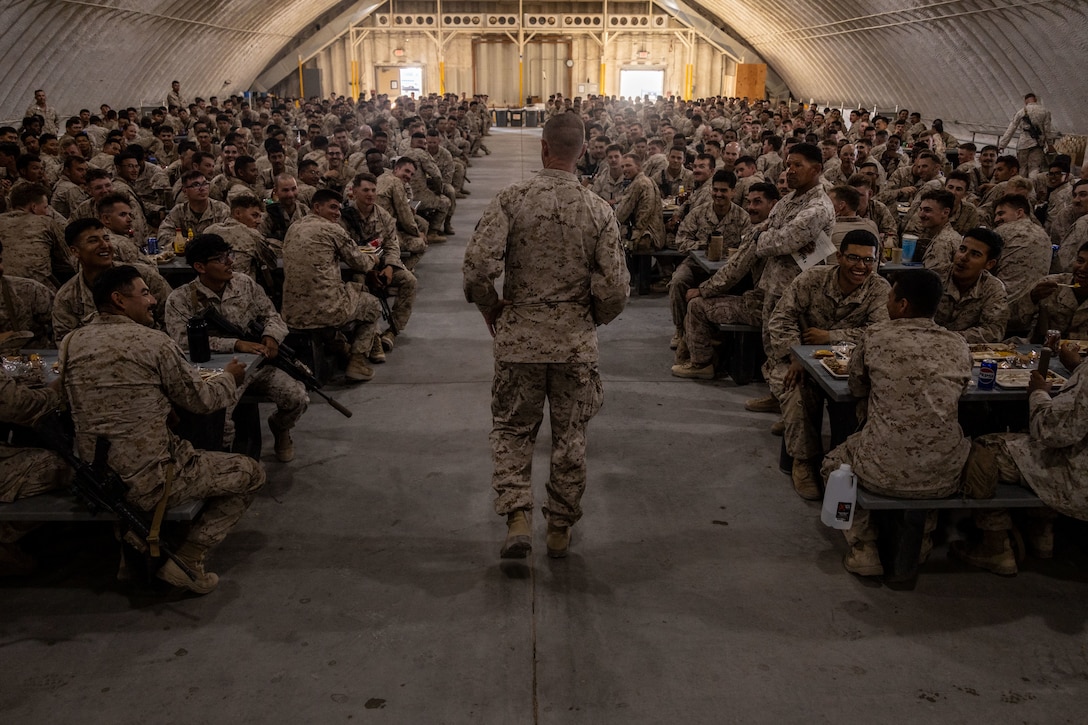 U.S. Marine Corps Brig. Gen. John K. Jarrard, commanding general of 4th Marine Division, speaks to Marines with 1st Battalion, 23rd Marine Regiment at Integrated Training Exercise 3-25 (ITX 3-25) at Marine Corps Air Ground Combat Center, Twentynine Palms, California, June 15th, 2025. ITX is a critical Marine Air-Ground Task Force exercise for the Marine Forces Reserve’s training cycle, confirming unit readiness through live-fire and combined arms integration. (U.S. Marine Corps photo by Lance Cpl. Edward Spears)