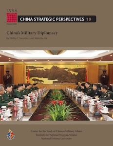 Cover page of the publication titled "China's Military Diplomacy" by Phillip C. Saunders and Melodie Ha, part of China Strategic Perspectives 19. The cover features a photograph of a formal meeting between Chinese military officials and foreign military representatives seated around a long conference table, with Chinese flags and a traditional landscape painting in the background. The bottom of the cover credits the Center for the Study of Chinese Military Affairs, part of the Institute for National Strategic Studies at National Defense University.