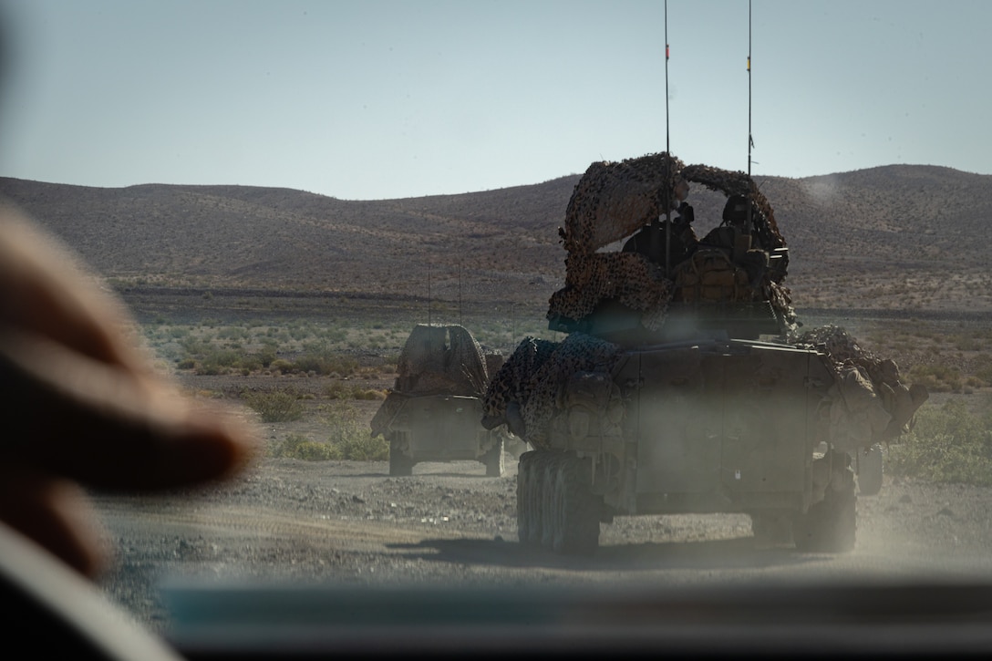 U.S. Marines with 4th Light Armored Reconnaissance Battalion, 4th Marine Division drive to a training site in a Light Armored Vehicle 25 at Integrated Training Exercise 3-25 (ITX 3-25) at Marine Corps Air Ground Combat Center, Twentynine Palms, California, June 16th, 2025. ITX is a critical Marine Air-Ground Task Force exercise for the Marine Forces Reserve’s training cycle, confirming unit readiness through live-fire and combined arms integration. (U.S. Marine Corps photo by Lance Cpl. Edward Spears)