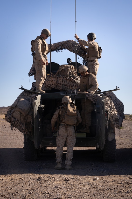 U.S. Marines with 4th Light Armored Reconnaissance Battalion, 4th Marine Division mount a Light Armored Vehicle 25 at Integrated Training Exercise 3-25 (ITX 3-25) at Marine Corps Air Ground Combat Center, Twentynine Palms, California, June 16th, 2025. ITX is a critical Marine Air-Ground Task Force exercise for the Marine Forces Reserve’s training cycle, confirming unit readiness through live-fire and combined arms integration. (U.S. Marine Corps photo by Lance Cpl. Edward Spears)