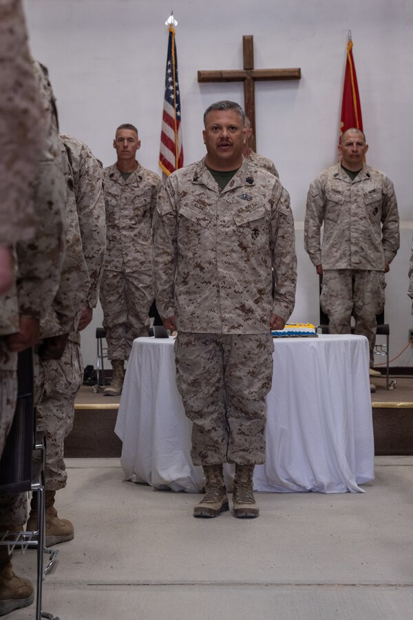 U.S. Navy Hospital Corpsman 1st Class Christopher Kline of Marine Air-Ground Task Force 25 recites the sailor's creed as part of a celebration of the Navy Hospital Corpsman 127th birthday during Integrated Training Exercise 3-25 (ITX 3-25) on Marine Corps Air Ground Combat Center, Twentynine Palms, California, June 17, 2025. The Hospital Corps is the most decorated corps in the Navy and was established on June 17, 1898. It consists of more than 26,000 active duty and reserve hospital corpsmen. ITX is a critical Marine Air-Ground Task Force exercise for the Marine Forces Reserve’s training cycle, confirming unit readiness through live-fire and combined arms integration. (U.S. Marine Corps photo by Staff Sgt. Scott Jenkins)