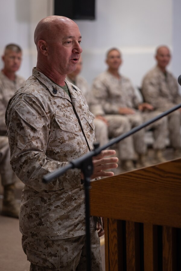 U.S. Navy Command Master Chief Petty Officer Matthew R. Paul, command master chief of 4th Marine Division, addresses Marines and Sailors as part of a celebration of the Navy Hospital Corpsman 127th birthday during Integrated Training Exercise 3-25 (ITX 3-25) on Marine Corps Air Ground Combat Center, Twentynine Palms, California, June 17, 2025. The Hospital Corps is the most decorated corps in the Navy and was established on June 17, 1898. It consists of more than 26,000 active duty and reserve hospital corpsmen. ITX is a critical Marine Air-Ground Task Force exercise for the Marine Forces Reserve’s training cycle, confirming unit readiness through live-fire and combined arms integration. (U.S. Marine Corps photo by Staff Sgt. Scott Jenkins)