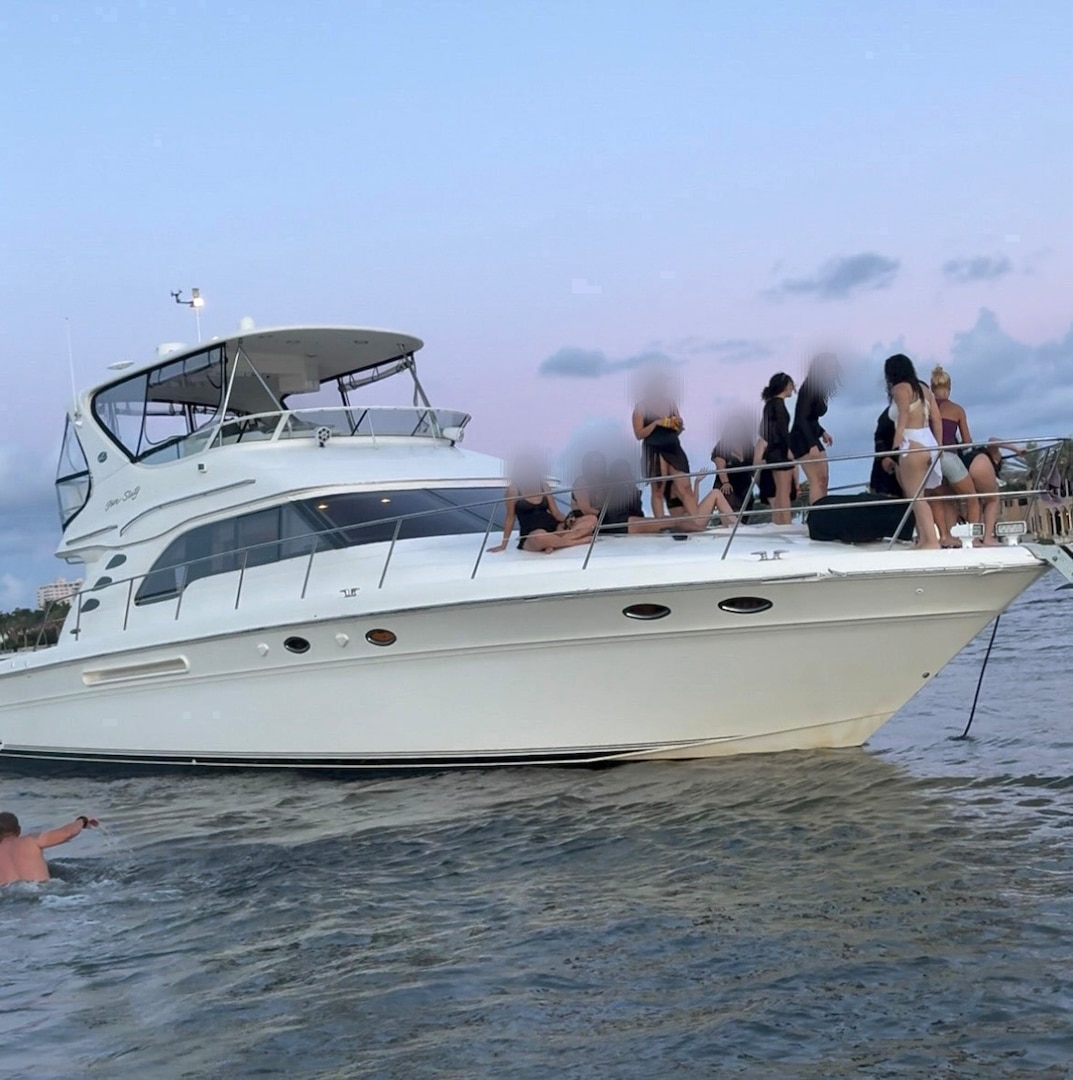 A Coast Guard Station Fort Lauderdale law enforcement boat crew terminated an illegal charter of a 58-foot vessel, Rogue One, after the ship ran aground in the vicinity of New River, Fort Lauderdale, June 20, 2025. After investigation, Rogue One was determined to be an illegal passenger-for-hire operation with 12 passengers for hire and two non-credentialed crewmembers. (U.S. Coast Guard photo)