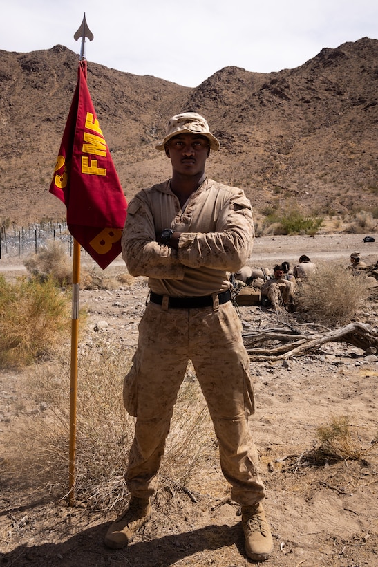 U.S. Marine Corps Cpl. Mitchell Turner, a squad leader with 1st Battalion, 23rd Marine Regiment, 4th Marine Division, poses for a photo during Integrated Training Exercise 3-25 (ITX 3-25) on Marine Corps Air Ground Combat Center, Twentynine Palms, California, June 14, 2025. ITX is a critical Marine Air-Ground Task Force exercise for the Marine Forces Reserve’s training cycle, confirming unit readiness through live-fire and combined arms integration. (U.S. Marine Corps photo by Lance Cpl. Edward Spears)