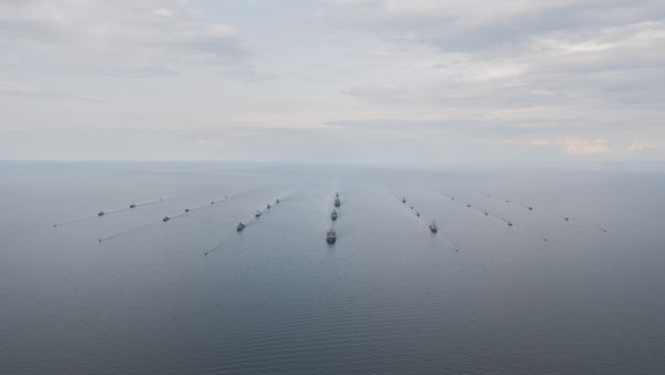 Ships participating in exercise Baltic Operations 2025 (BALTOPS 25) steam in formation through the Baltic Sea, June 5, 2025.