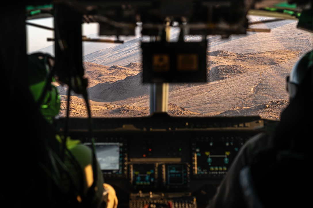 U.S. Marine Corps LtCol Russell Dawson, left, and Maj. Mark Reaser, both pilots, with Marine Light Attack Helicopter Squadron (HMLA) 773, 4th Marine Air Wing pilots a UH-1Y Venom helicopter during Integrated Training Exercise 3-25 (ITX 3-25) at Marine Corps Air Ground Combat Center, Twentynine Palms, California, June 11th, 2025. ITX enhances Marines’ lethality by empowering leaders at every level to adapt, communicate, and execute dynamic movements in hostile environments. (U.S. Marine Corps photo by Lance Cpl. Edward Spears)