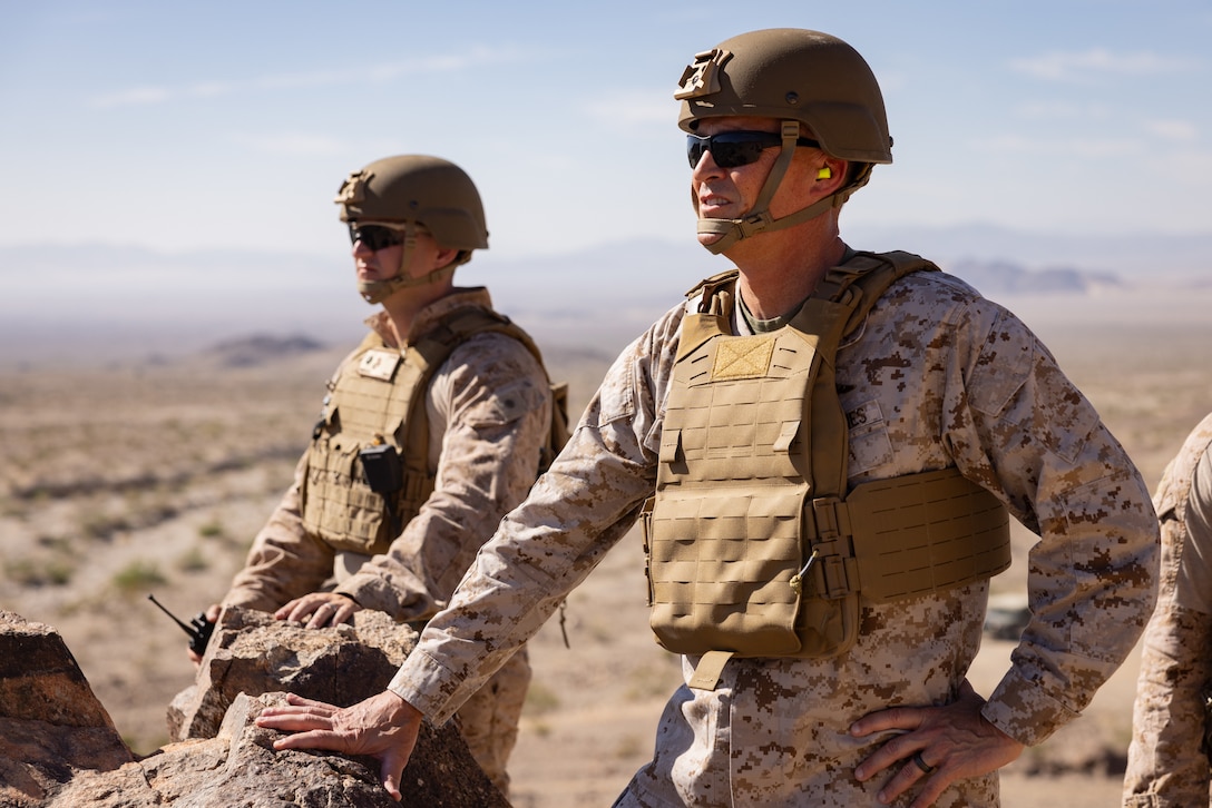 U.S. Marine Corps Lt. Gen. Leonard F. Anderson IV, commander of Marine Forces Reserve, observes Marines executing Range 400 during Integrated Training Exercise 3-25 (ITX 3-25) on Marine Corps Air Ground Combat Center, Twentynine Palms, California, June 14, 2025. ITX is a critical Marine Air-Ground Task Force exercise for the Marine Forces Reserve’s training cycle, confirming unit readiness through live-fire and combined arms integration. (U.S. Marine Corps photo by Staff Sgt. Scott Jenkins)