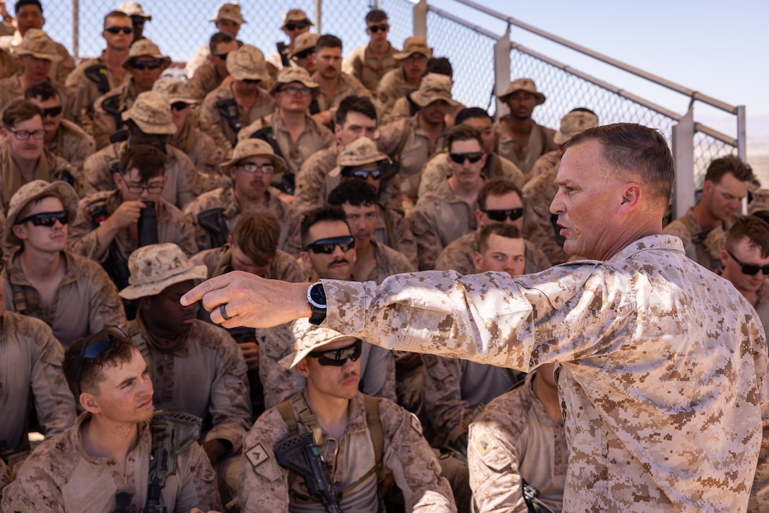 U.S. Marine Corps Lt. Gen. Leonard F. Anderson IV, commander of Marine Forces Reserve, speaks to Marines with 1st Battalion, 23rd Marine Regiment, 4th Marine Division after completing Range 400 during Integrated Training Exercise 3-25 (ITX 3-25) on Marine Corps Air Ground Combat Center, Twentynine Palms, California, June 14, 2025. ITX is a critical Marine Air-Ground Task Force exercise for the Marine Forces Reserve’s training cycle, confirming unit readiness through live-fire and combined arms integration. (U.S. Marine Corps photo by Staff Sgt. Scott Jenkins)