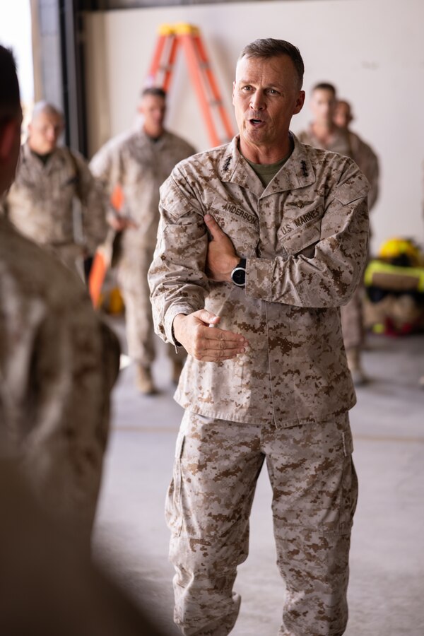 U.S. Marine Corps Lt. Gen. Leonard F. Anderson IV, commander of Marine Forces Reserve, speaks to Marines from the 4th Marine Aircraft Wing during Integrated Training Exercise 3-25 (ITX 3-25) on Marine Corps Air Ground Combat Center, Twentynine Palms, California, June 14, 2025. ITX is a critical Marine Air-Ground Task Force exercise for the Marine Forces Reserve’s training cycle, confirming unit readiness through live-fire and combined arms integration. (U.S. Marine Corps photo by Staff Sgt. Scott Jenkins)
