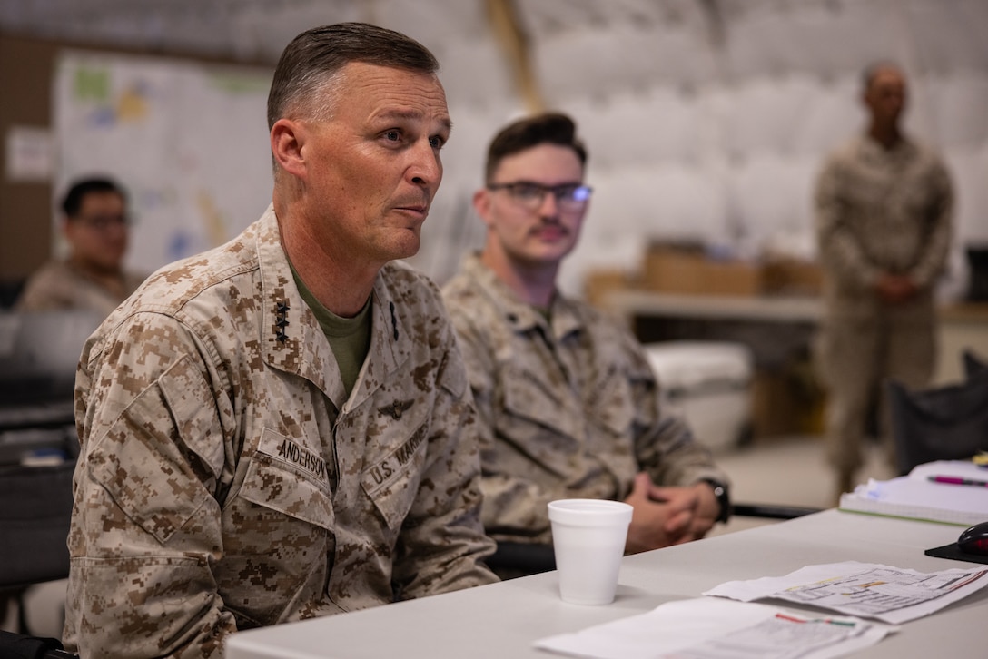 U.S. Marine Corps Lt. Gen. Leonard F. Anderson IV, commander of Marine Forces Reserve, speaks to Marines from the 4th Marine Aircraft Wing during Integrated Training Exercise 3-25 (ITX 3-25) on Marine Corps Air Ground Combat Center, Twentynine Palms, California, June 14, 2025. ITX is a critical Marine Air-Ground Task Force exercise for the Marine Forces Reserve’s training cycle, confirming unit readiness through live-fire and combined arms integration. (U.S. Marine Corps photo by Staff Sgt. Scott Jenkins)