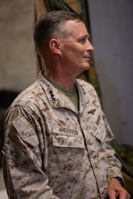 U.S. Marine Corps Lt. Gen. Leonard F. Anderson IV, commander of Marine Forces Reserve, speaks to Marines from the 4th Marine Aircraft Wing during Integrated Training Exercise 3-25 (ITX 3-25) on Marine Corps Air Ground Combat Center, Twentynine Palms, California, June 14, 2025. ITX is a critical Marine Air-Ground Task Force exercise for the Marine Forces Reserve’s training cycle, confirming unit readiness through live-fire and combined arms integration. (U.S. Marine Corps photo by Staff Sgt. Scott Jenkins)