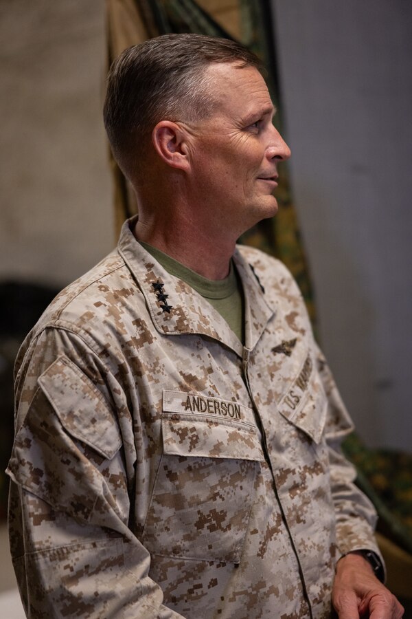 U.S. Marine Corps Lt. Gen. Leonard F. Anderson IV, commander of Marine Forces Reserve, speaks to Marines from the 4th Marine Aircraft Wing during Integrated Training Exercise 3-25 (ITX 3-25) on Marine Corps Air Ground Combat Center, Twentynine Palms, California, June 14, 2025. ITX is a critical Marine Air-Ground Task Force exercise for the Marine Forces Reserve’s training cycle, confirming unit readiness through live-fire and combined arms integration. (U.S. Marine Corps photo by Staff Sgt. Scott Jenkins)