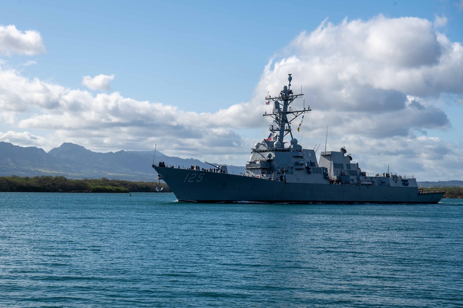 JOINT BASE PEARL HARBOR-HICKAM, Hawaii — USS Jack H. Lucas (DDG 125), the first of its kind to be equipped with the Aegis Weapon System, Baseline 10, leaves Joint Base Pearl Harbor-Hickam, Oahu, Hawaii in preparation for U.S. Missile Defense Agency’s Flight Test Aegis Weapon System-32 (FTM-32) in cooperation with the U.S. Navy. (Courtesy photo/released)