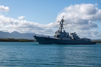 JOINT BASE PEARL HARBOR-HICKAM, Hawaii — USS Jack H. Lucas (DDG 125), the first of its kind to be equipped with the Aegis Weapon System, Baseline 10, leaves Joint Base Pearl Harbor-Hickam, Oahu, Hawaii in preparation for U.S. Missile Defense Agency’s Flight Test Aegis Weapon System-32 (FTM-32) in cooperation with the U.S. Navy. (Courtesy photo/released)