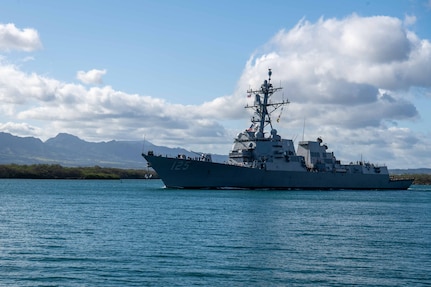 JOINT BASE PEARL HARBOR-HICKAM, Hawaii — USS Jack H. Lucas (DDG 125), the first of its kind to be equipped with the Aegis Weapon System, Baseline 10, leaves Joint Base Pearl Harbor-Hickam, Oahu, Hawaii in preparation for U.S. Missile Defense Agency’s Flight Test Aegis Weapon System-32 (FTM-32) in cooperation with the U.S. Navy. (Courtesy photo/released)