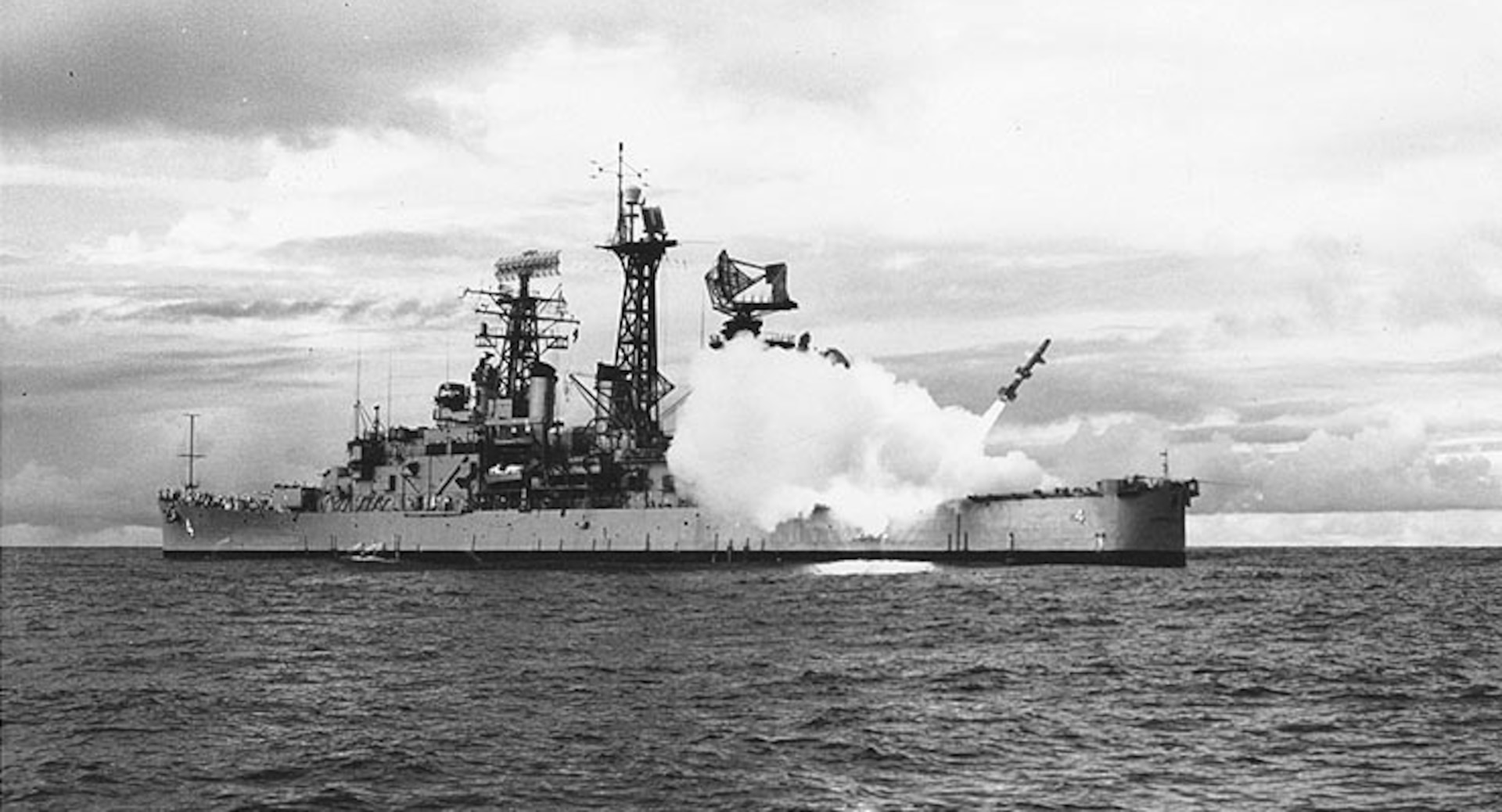 SAN JUAN, Puerto Rico — USS Little Rock (CLG 4) fires a Talos guided missile while off San Juan, Puerto Rico, on Nov. 16, 1961. (Seaman Lenhoff/Official U.S. Navy Photograph, from the collections of the Naval History and Heritage Command.)