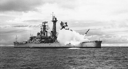 SAN JUAN, Puerto Rico — USS Little Rock (CLG 4) fires a Talos guided missile while off San Juan, Puerto Rico, on Nov. 16, 1961. (Seaman Lenhoff/Official U.S. Navy Photograph, from the collections of the Naval History and Heritage Command.)