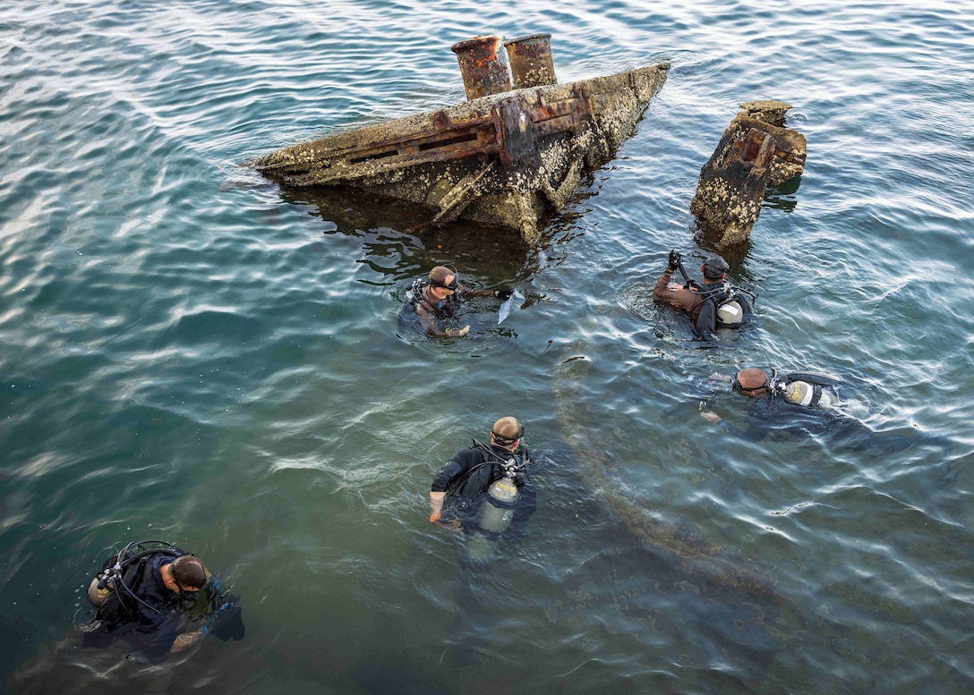 Divers in scuba gear swim around the wreckage of a ship submerged in murky water.