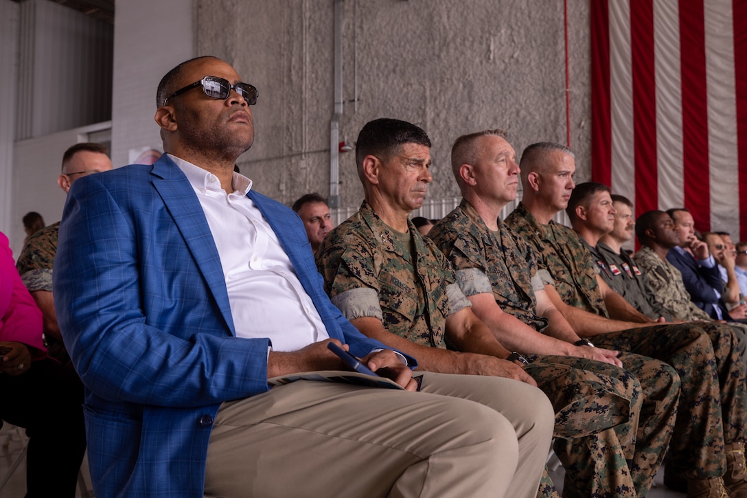 U.S. Rep. Marc Veasey, the representative of Texas’ 33rd Congressional District, watches the Marine Transport Squadron (VMR) 1’s ceremony recognizing its classification as a full operational capability squadron, Naval Air Station Joint Reserve Base Fort Worth, Texas, June 18, 2025.  VMR-1’s achievement of full operational capability with the C-40A aircraft, marked a significant milestone in squadron readiness and success. (U.S. Marine Corps photo by Cpl. Kanoa Thomas)