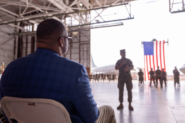 U.S. Rep. Marc Veasey, the representative of Texas’ 33rd Congressional District, watches Marine Transport Squadron (VMR) 1’s ceremony recognizing its classification as a full operational capability squadron, Naval Air Station Joint Reserve Base Fort Worth, Texas, June 18, 2025.  VMR-1’s achievement of full operational capability with the C-40A aircraft, marks a significant milestone in squadron readiness and success. (U.S. Marine Corps photo by Cpl. Kanoa Thomas)