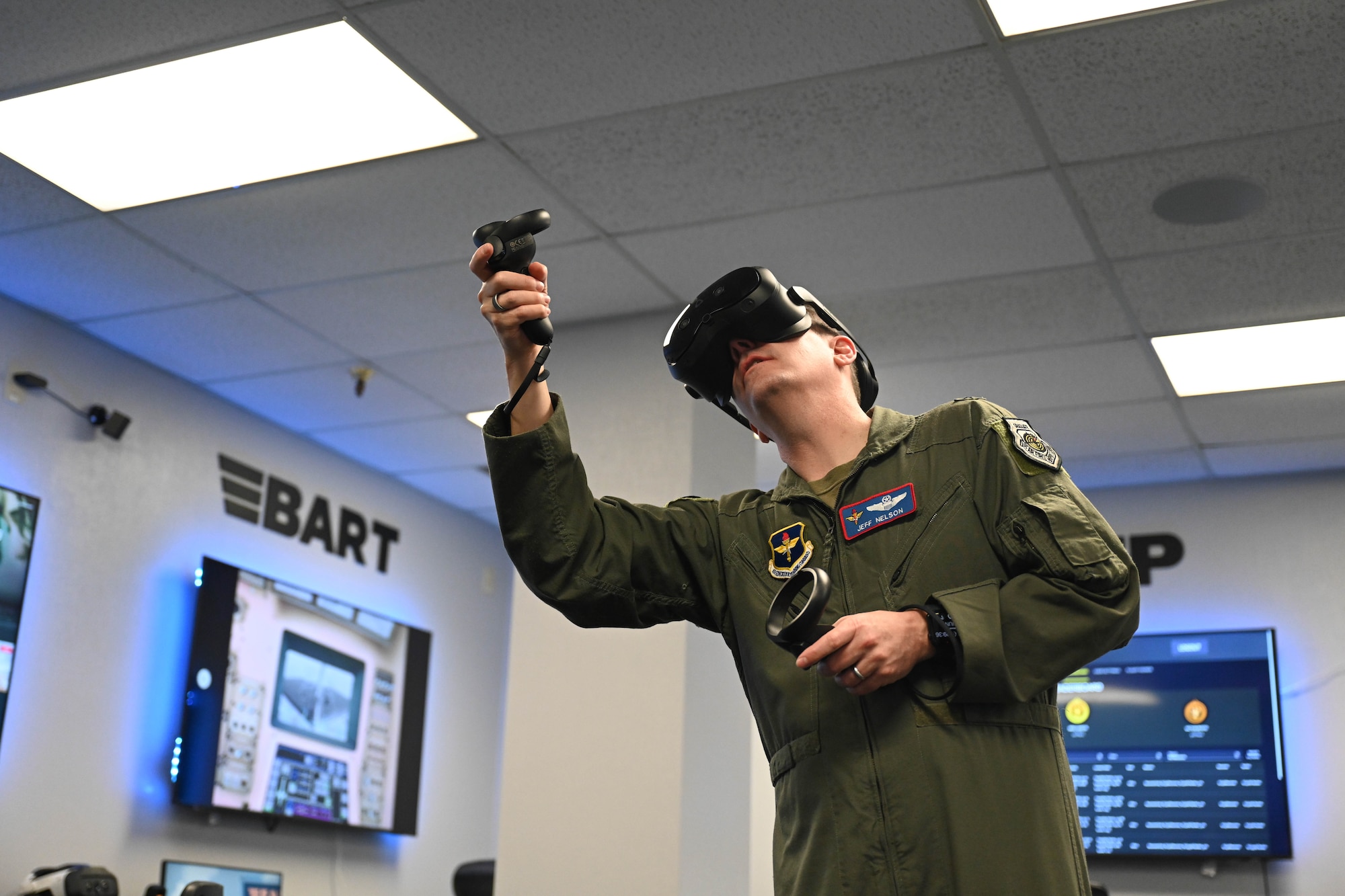 U.S. Air Force Brig. Gen. Jeffery Nelson, director of operations and communications for Air Education and Training Command, uses virtual reality training equipment at Altus AirForce Base, Oklahoma, June 9, 2025. This equipment, provided by the 97th Training Squadron, enables student aircrew members to practice and refine their skills without requiring an aircraft. (U.S. Air Force photo by Airman 1st ClassLauren Torres)