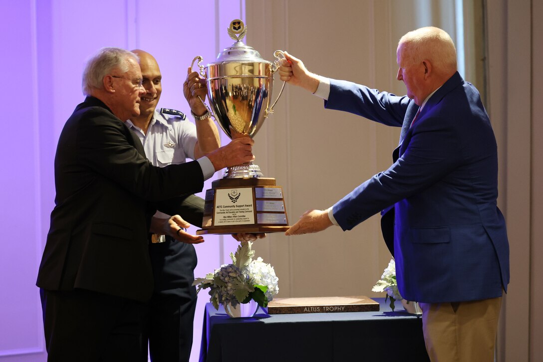 U.S. Air Force Lt. Gen. Brian S. Robinson, commander of Air Education and Training Command, Dr. Joe Leverette, President of Altus Military Affairs Committee