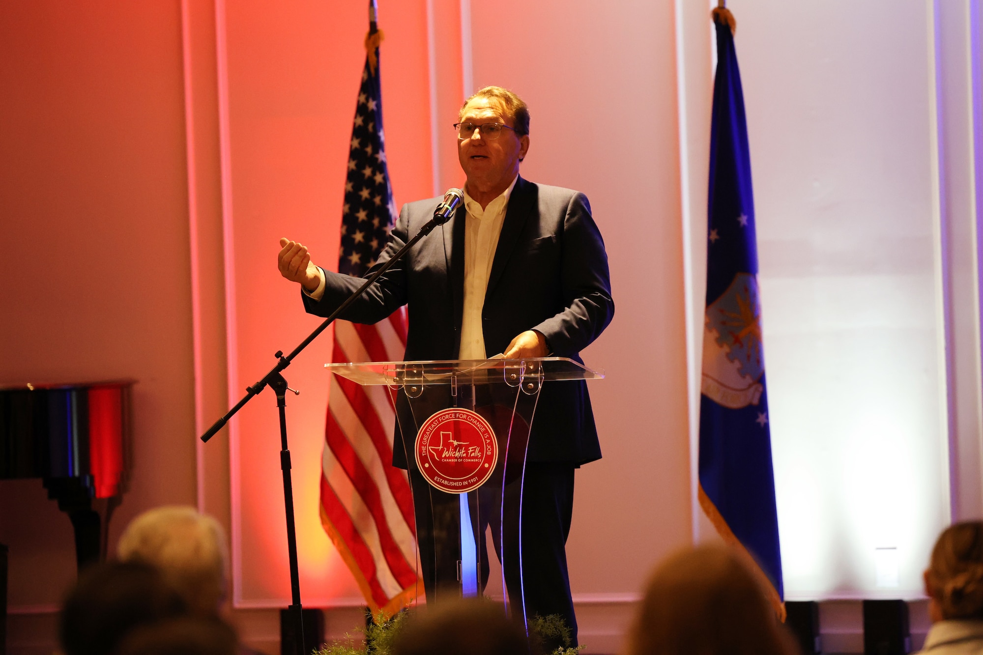Ron Kitchens, President and Chief Executive Officer of the Wichita Falls Chamber of Commerce, gives remarks at the 2024 Altus Trophy on behalf of Sheppard Air Force Base