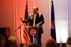 Ron Kitchens, President and Chief Executive Officer of the Wichita Falls Chamber of Commerce, gives remarks at the 2024 Altus Trophy on behalf of Sheppard Air Force Base