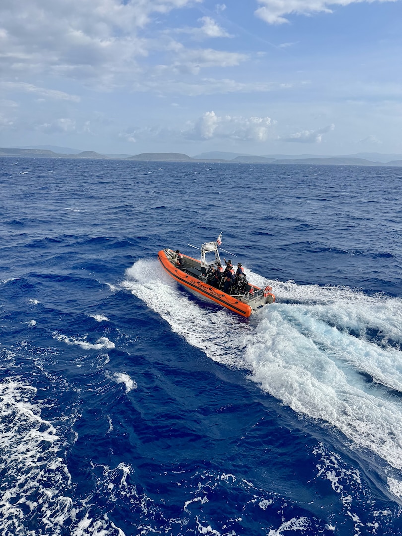 Coast Guard Cutter Campbell's (WMEC 909) crew members conduct small boat training off Haiti, May 15, 2025. Campbell crew conducted a two-month patrol to protect the safety of life at sea and deter illegal alien migration in the Windward Passage. (U.S. Coast Guard photo by Petty Officer 3rd Class Nicholas Arguelles)