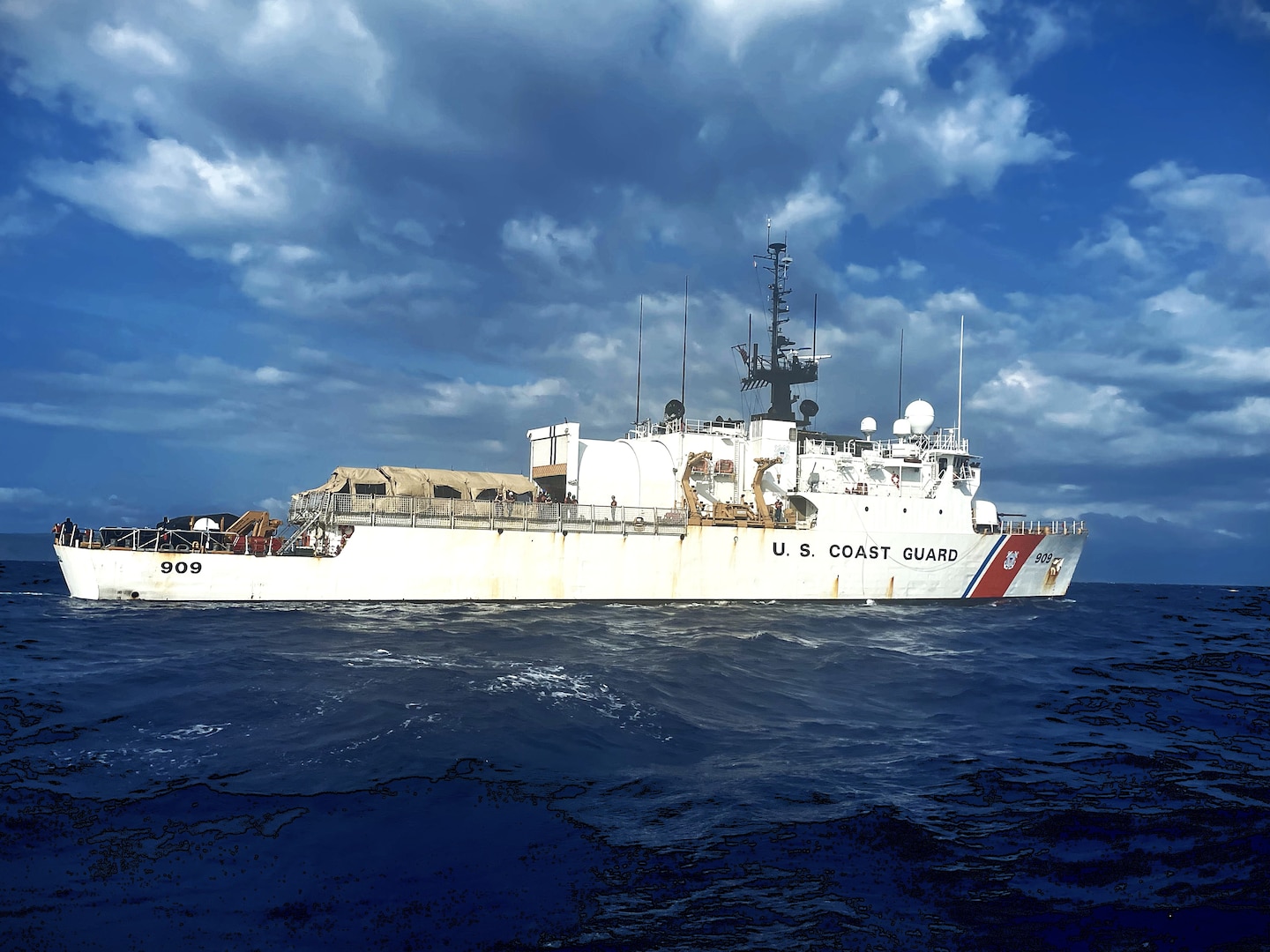 Coast Guard Cutter Campbell (WMEC 909) is underway during a patrol in the Windward Passage, June 5, 2025. Campbell's crew conducted a two-month patrol to protect the safety of life at sea and deter illegal alien migration in the region. (U.S. Coast Guard photo by Chief Petty Officer Robert Zergman)