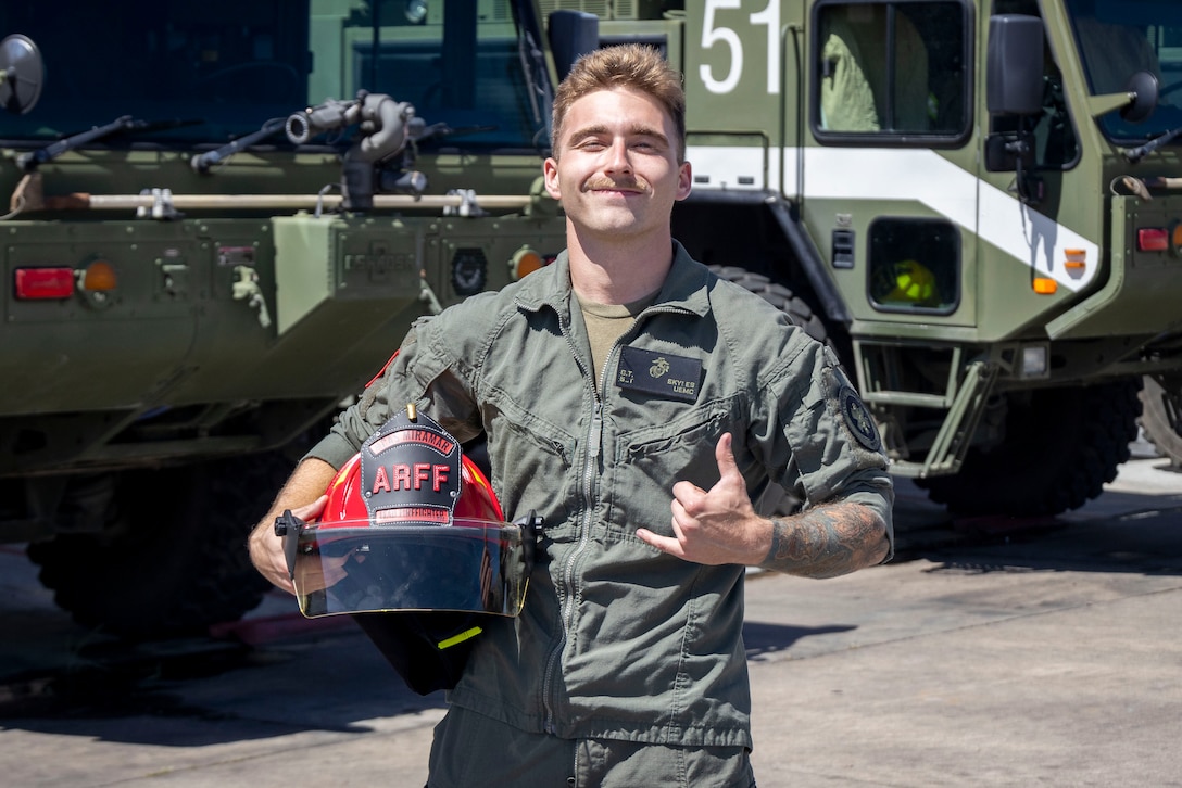 U.S. Marine Corps Sgt. Gaven Skyles, a lead firefighter crew chief with Headquarters and Headquarters Squadron, Marine Corps Air Station Miramar, poses for a photo at MCAS Miramar, California, June 16, 2025. Skyles received the USMC Military Firefighter of the Year award as part of the 2024 Marine Corps Fire and Emergency Services Awards, setting the standards for others to emulate through his resourcefulness, initiative, and selfless dedication to duty. (U.S. Marine Corps photo by Lance Cpl. Seferino Gamez)