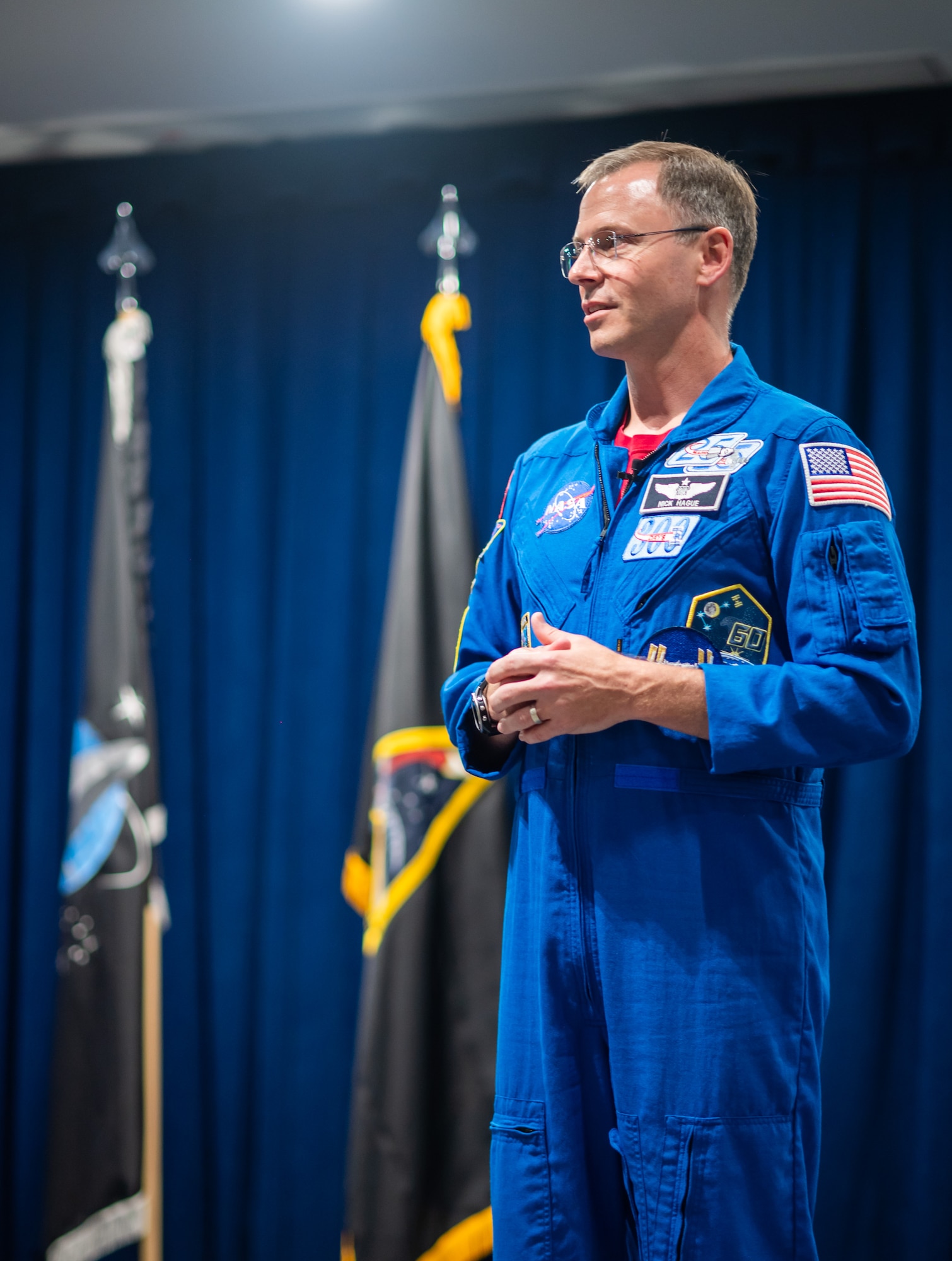 U.S. Space Force Guardian and National Aeronautics and Space Administration Astronaut, Col. Nick Hague, speaks to Space Systems Command personnel during a visit to Los Angeles Air Force Base, El Segundo, Calif., June 16, 2025. Hague, the first USSF Guardian to be launched into space as part of the NASA Astronaut program on the SpaceX Crew-9 mission, shared his perspective and experience highlighting the important role SSC Guardians play in securing advantages in the “ultimate high ground” which ensures agencies like NASA can continue their mission and exploration of the domain