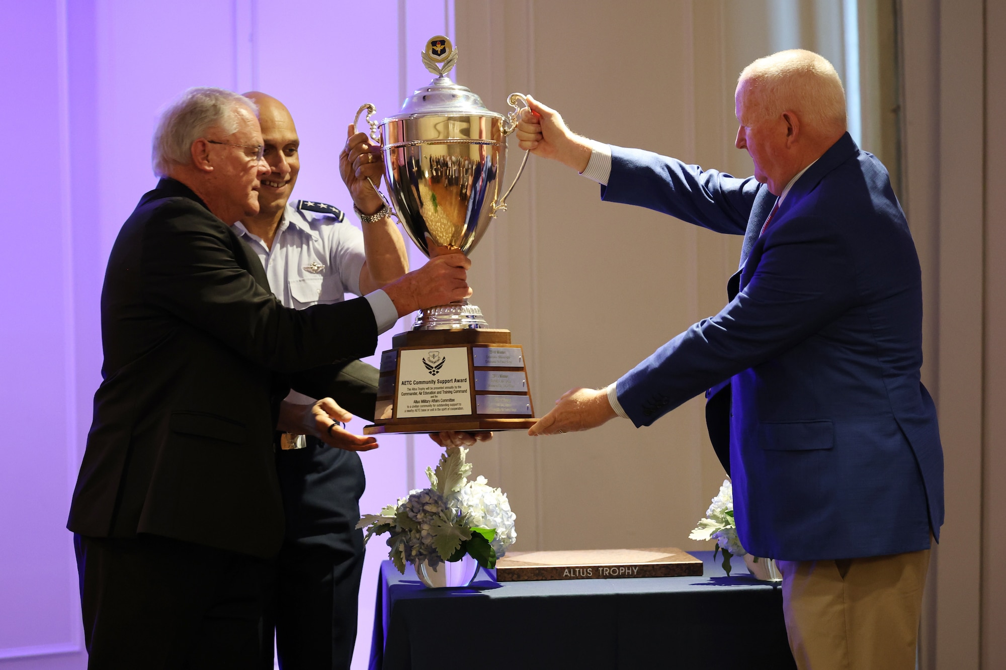 U.S. Air Force Lt. Gen. Brian S. Robinson, commander of Air Education and Training Command, Dr. Joe Leverette, President of Altus Military Affairs Committee