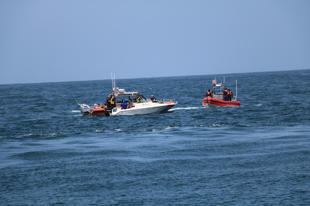 The Coast Guard interdicted 10 aliens aboard a 25-foot white Sea Ray vessel in the vicinity of Point Loma, June 23, 2025.  The Coast Guard maintains a robust presence along the maritime border and works closely with federal partners to detect, deter, and disrupt illegal maritime migration ventures. (U.S. Coast Guard photo courtesy of CGC Benjamin Bottoms/released).