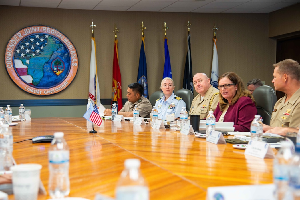 U.S. Ambassador to the Federated States of Micronesia Jennifer Johnson speaks with leaders from the Federated States of Micronesia and U.S. Department of Defense during a Joint Committee Meeting during a Joint Committee Meeting at Joint Region Marianas headquarters, June 4.
