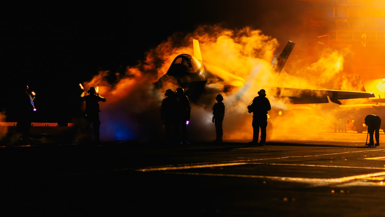 An F-35C Lightning II, attached to Strike Fighter Squadron (VFA) 147, lines up on a catapult on the flight deck of Nimitz-class aircraft carrier USS George Washington (CVN 73) while underway in the Philippine Sea, June 19, 2025. The George Washington Carrier Strike Group (GWA CSG) is on patrol in the U.S. 7th Fleet area of operations. The George Washington is the U.S. Navy’s premier forward-deployed aircraft carrier, a long-standing symbol of the United States’ commitment to maintaining a free and open Indo-Pacific region, while operating alongside allies and partners across the U.S. Navy’s largest numbered fleet. (U.S. Navy photo by Mass Communication Specialist 2nd Class August Clawson)