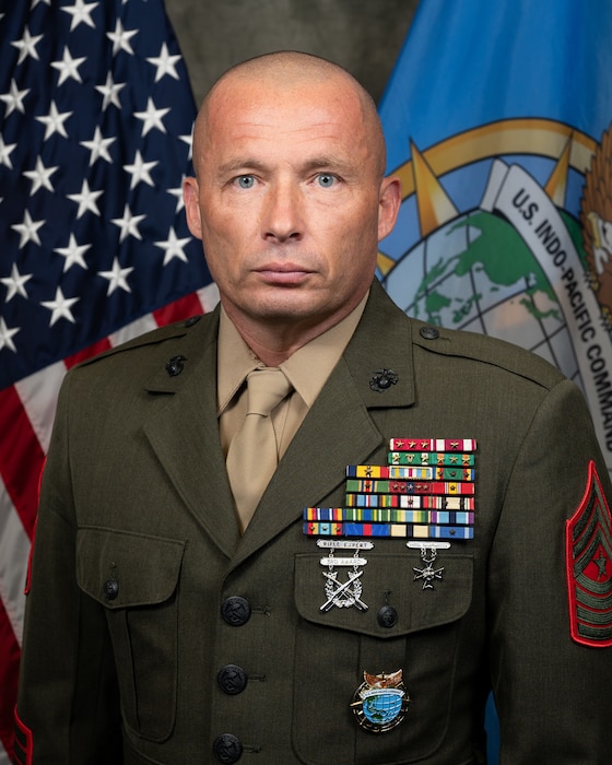 ortrait of U.S. Indo-Pacific Command Senior Enlisted Leader Marine Corps Sgt. Maj. Eric Cook taken at USINDOPACOM headquarters on Camp H. M. Smith in Honolulu, June 17, 2025.