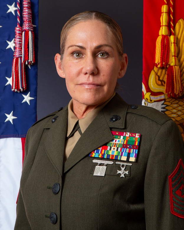 U.S. Marine Corps Sgt. Maj. Joy M. Kitashima poses for her command board photo on Camp H.M. Smith, Hawaii, June 16, 2025. (U.S. Marine Corps photo by Lance Cpl. Blake Gonter)