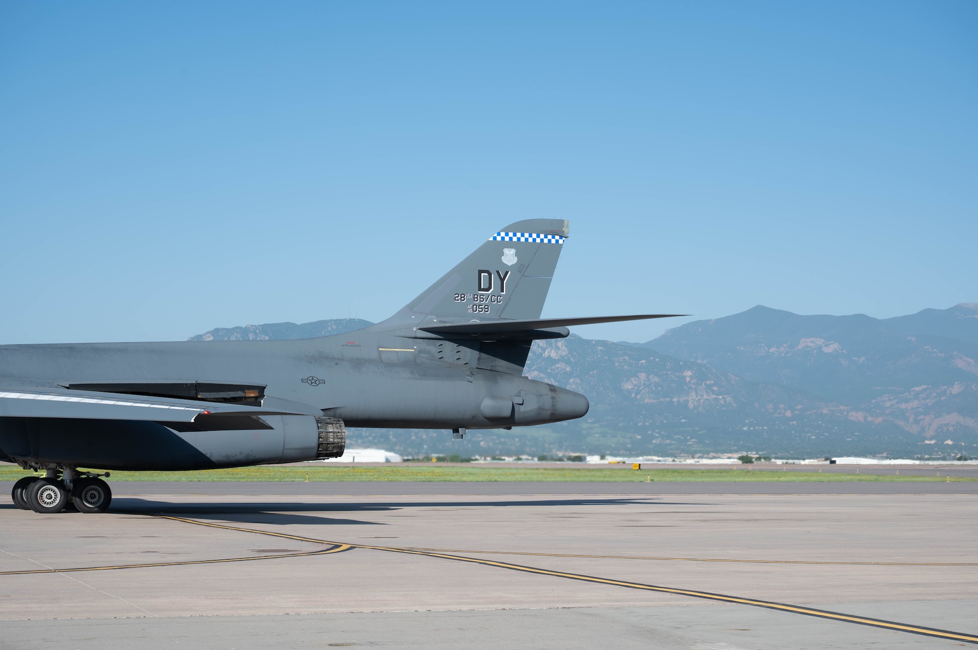 A B-1B Lancer is on the Peterson SFB flightline