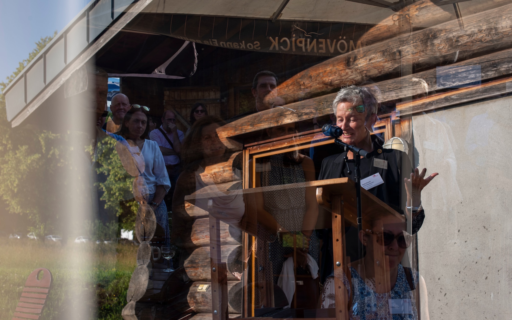 Mrs. Beate Kimmel, Lord Mayor of Kaiserslautern, speaks to attendees during the Kaiserslautern Summer Social at the Gartenschau, Kaiserslautern, June 16, 2025. The annual event is intended to introduce new members of the Kaiserslautern Military Community to local key leaders and bid farewell to outgoing members of the KMC. (U.S. Air Force photo by Senior Airman Sabrina Fuller-Judd)