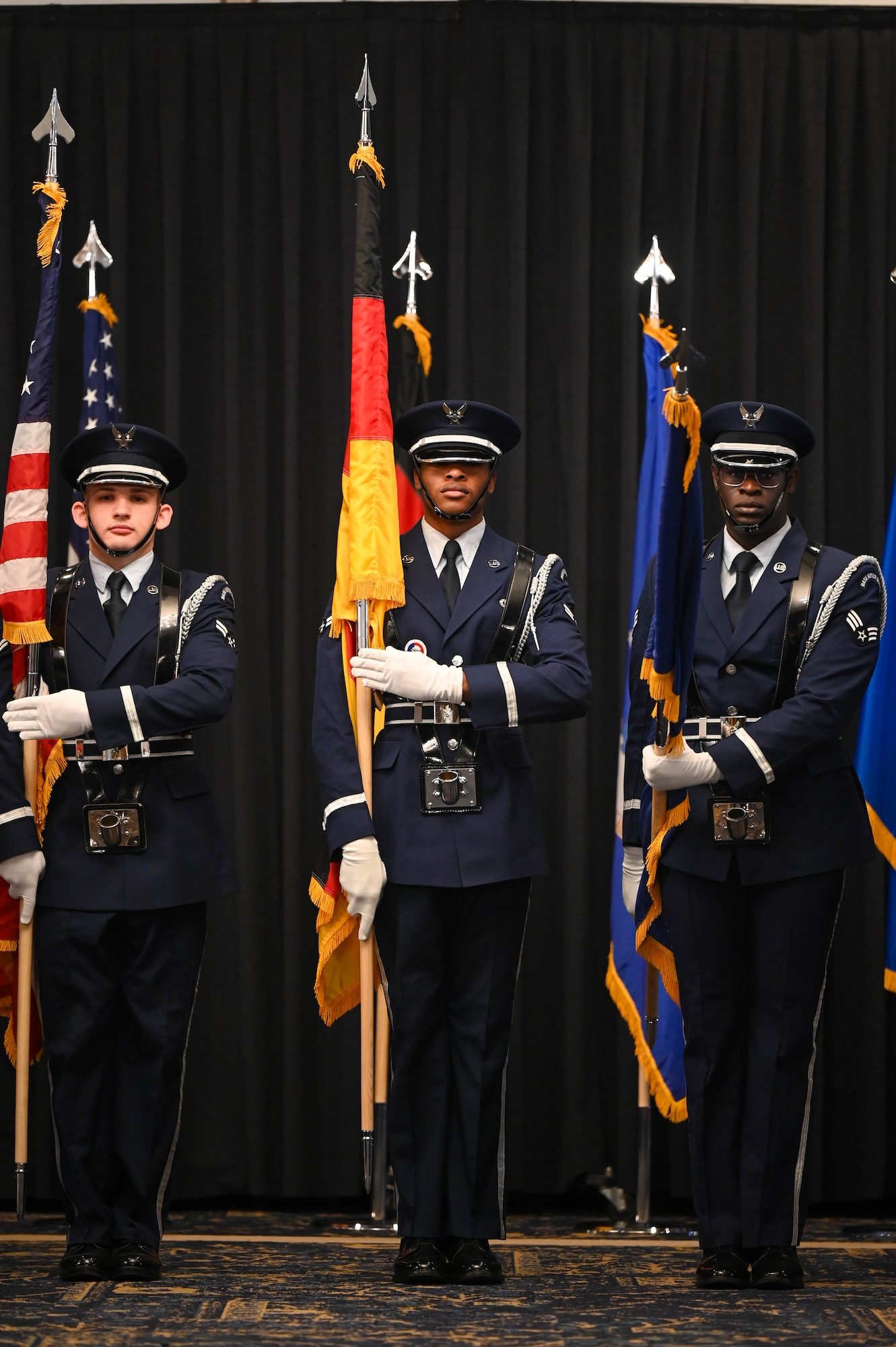 Members of the Ramstein Air Base Honor Guard present colors during a Length of Service ceremony at Ramstein Air Base, Germany, June 17, 2025.
