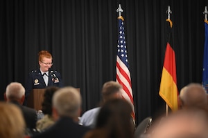 U.S. Air Force Brig. Gen. Adrienne L. Williams, 86th Airlift Wing commander, gives opening remarks during a Length of Service ceremony at Ramstein Air Base, Germany, June 17, 2025.